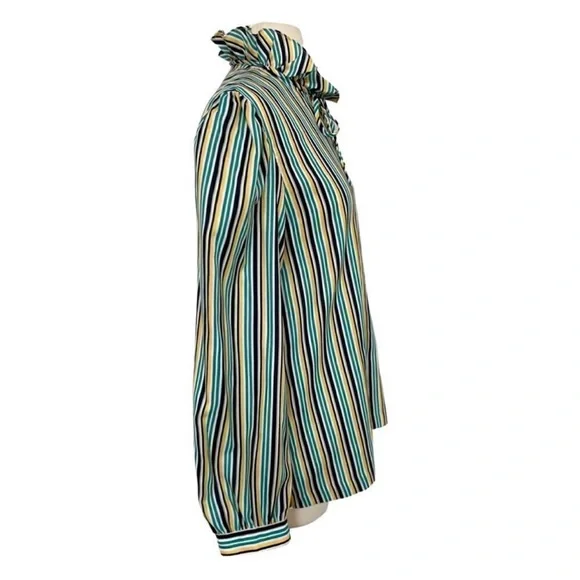 EUC Unique Vintage 70s/80s Ruffle Mock Neck Striped Button Down Blouse Women’s L - Picture 5 of 12